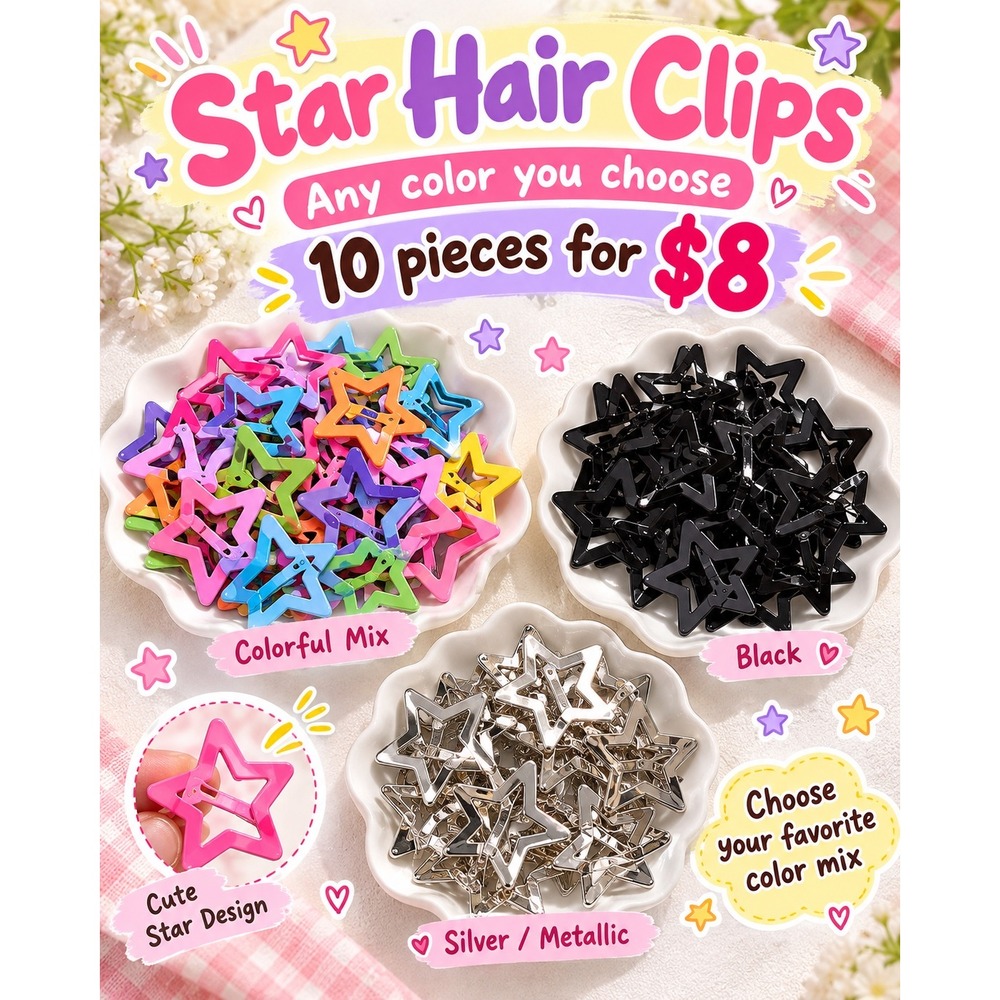 Y2K Star Hair Clips Aesthetic Multi Color Black Silver 10pc Set